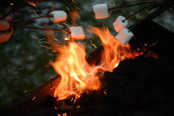 夜に火の上でマシュマロを焙煎する. — ストック写真