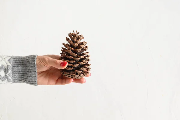 Weihnachten dekorative natürliche Tannenzapfen in Frauenhand auf weißem Hintergrund. — Stockfoto