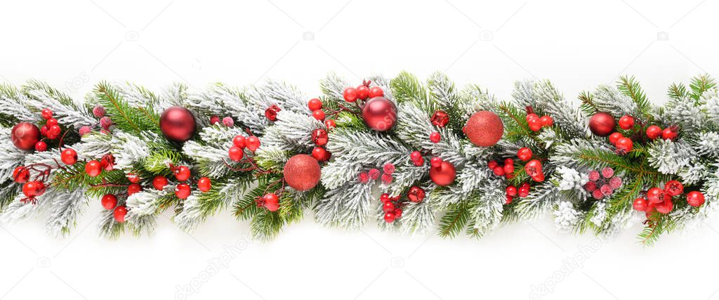Christmas banner with red baubles in row on snowy evergreen branches.
