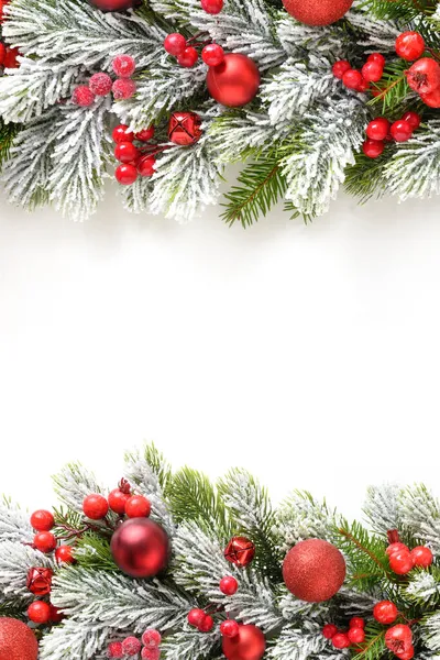 Christmas Vertical Frame Red Baubles Holly Berry Snowy Evergreen Fir — Stock Photo, Image