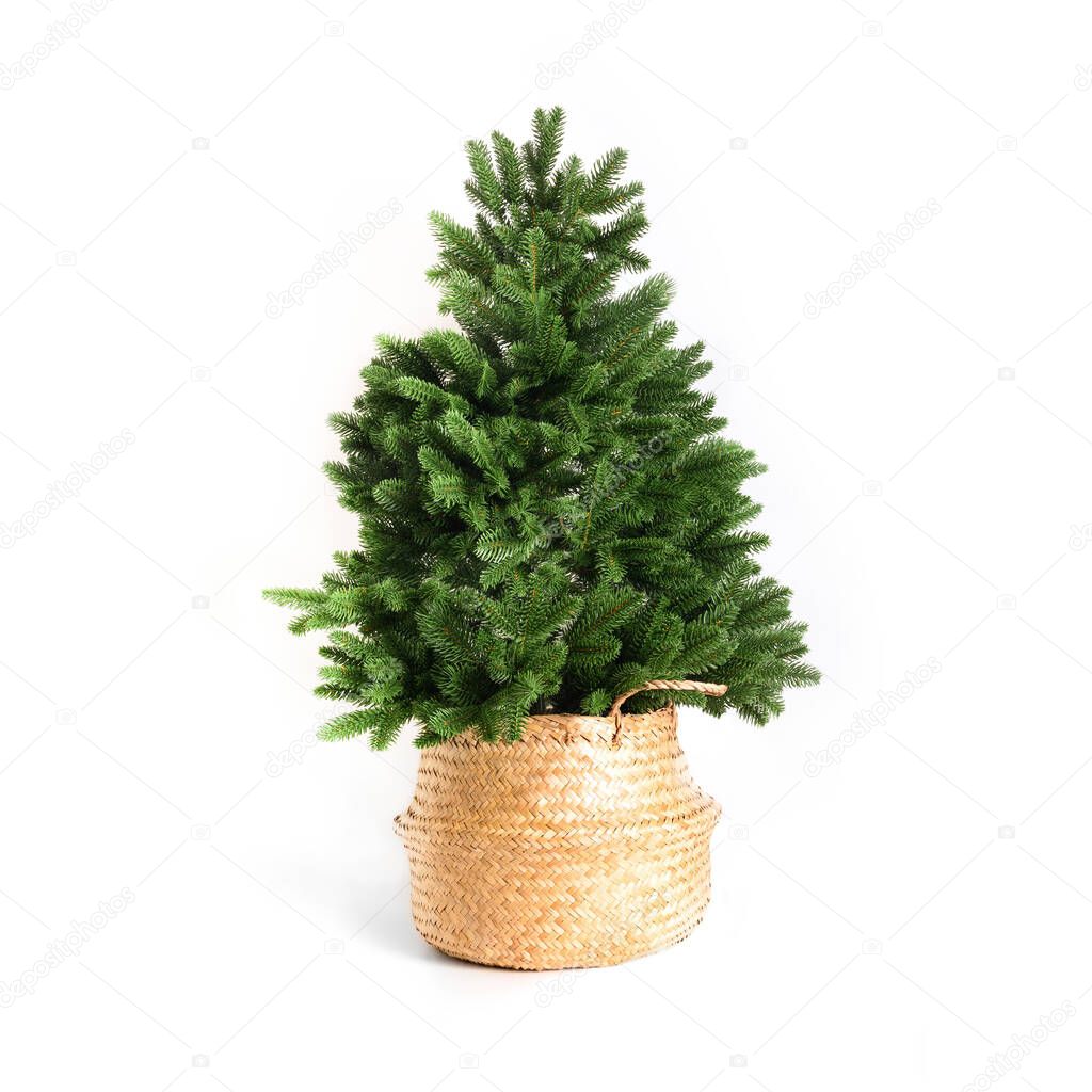 Artificial Christmas tree isolated on white background. Xmas holiday. Reusable cast Christmas tree.