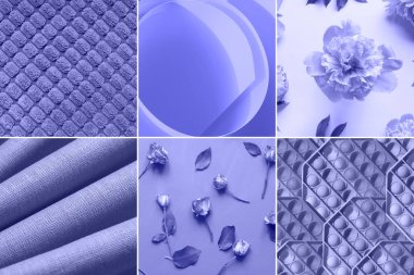 Farklı tekstil ve doku kolajı çok peri renginde. 2022 yılının moda rengi.