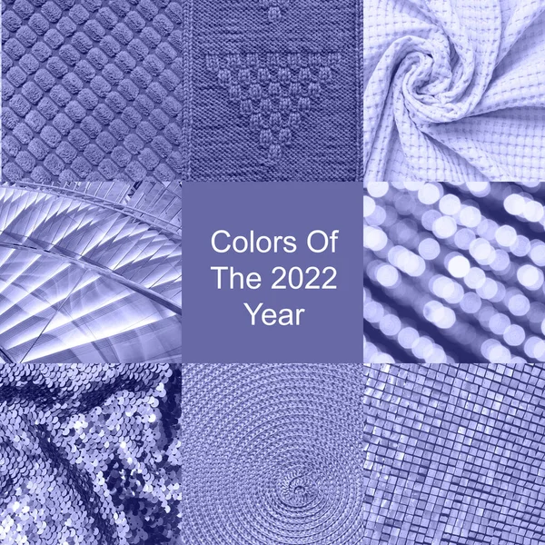 Collage de diferente textil y textura en muy peri color. El color a la moda del año 2022. — Foto de Stock