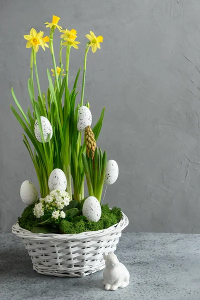 Весняна Квіткова Композиція Жовтим Нарцисом Кроликом Білими Яйцями Вазоні Сірому — стокове фото