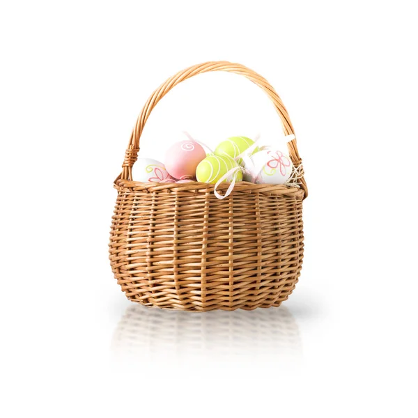 Wicker Basket Easter Colorful Eggs Isolated White Background Spring Easter — Stock Photo, Image