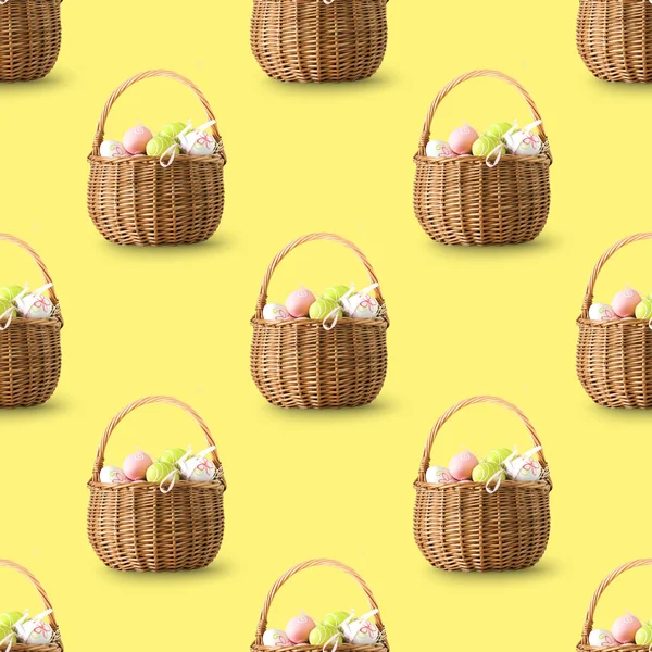 Ostern Nahtlosen Korbmuster Mit Bunten Eiern Auf Gelbem Hintergrund Stockbild