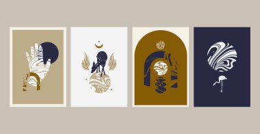 Vektör el çizimi, geyik ve flamingo 'nun minimalist çizimi. Geometrik elementlerle oluşturulmuş yaratıcı sanat eserleri. Kart, poster, afiş, tişört, rozet, yama için baskı şablonu. 