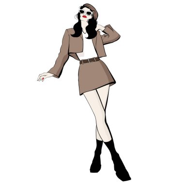 Bereli ve takım elbiseli bir kızın vektör el çizimi. Yaratıcı sanat eserleri. Kart, poster, afiş, tişört, rozet, yama için baskı şablonu.