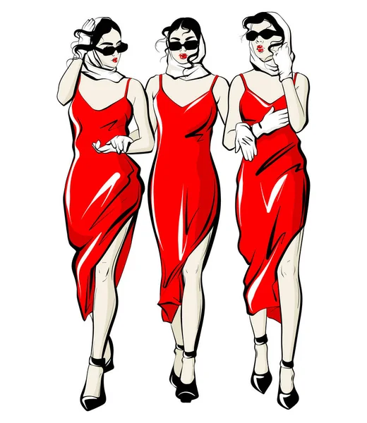 Vetor Mão Desenhada Ilustração Meninas Xale Vestido Vermelho Óculos Arte —  Vetores de Stock