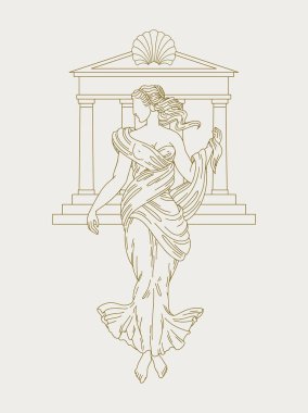 Vektör el çizimi minimalist illüstrasyon. Tanrıça, tapınak ve kabukla yaratıcı sanat eserleri. Kart, poster, afiş, tişört, rozet, yama için baskı şablonu. 