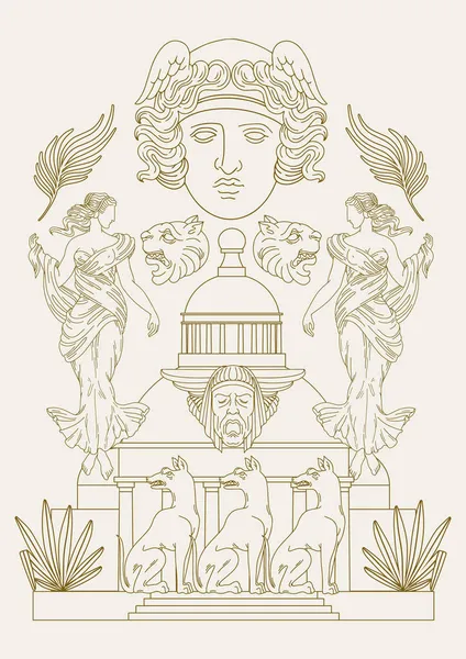 Vektor Kézzel Rajzolt Minimalista Illusztráció Kreatív Alkotás Istennővel Templommal Maszkkal — Stock Vector