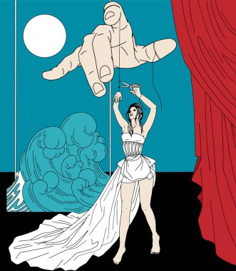 Vector hand drawn  illustration of hands of puppetter with woman . Creative artwork. Template for card, poster, banner, print for t-shirt, pin, badge, patch.