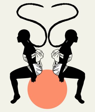 Peştemalli, at kuyruklu sıska siyahi bir kadının temsili çizimi. Dövme çizimi. Kart, poster, afiş, tişört, rozet, yama için baskı şablonu.