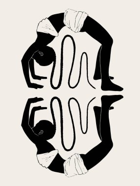 Peştemalli, at kuyruklu sıska siyahi bir kadının temsili çizimi. Dövme çizimi. Kart, poster, afiş, tişört, rozet, yama için baskı şablonu.