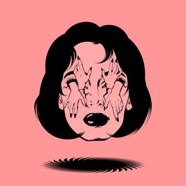Sürrealist bir kadının vektör el çizimi. Dövme çizimi. Kart, poster, afiş, tişört, rozet, yama için baskı şablonu.