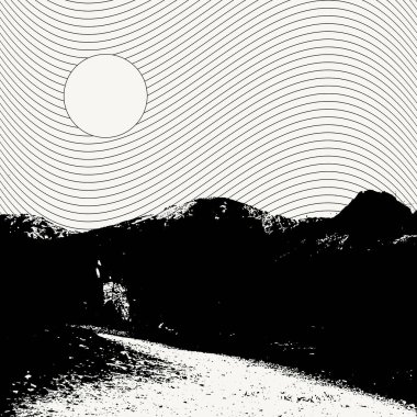 Geometrik elementlerle çizilmiş bir manzara çizimi. Yaratıcı sanat eserleri. Kart, poster, afiş, tişört, rozet, yama için baskı şablonu.