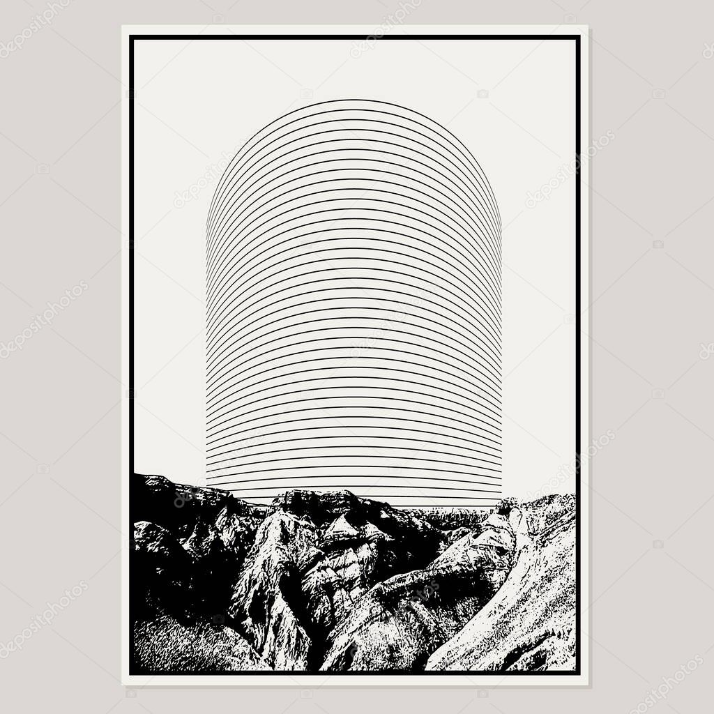 Vector hand drawn illustration of landscape with geometrical elements.  Creative artwork. Template for card, poster, banner, print for t-shirt, pin, badge, patch.