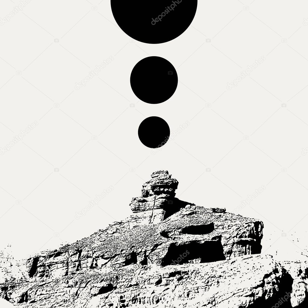 Vector hand drawn illustration of landscape.  Creative artwork. Template for card, poster, banner, print for t-shirt, pin, badge, patch.