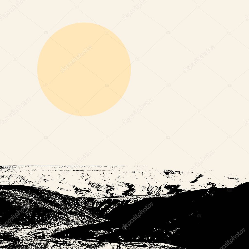 Vector hand drawn illustration of landscape.  Creative artwork. Template for card, poster, banner, print for t-shirt, pin, badge, patch.
