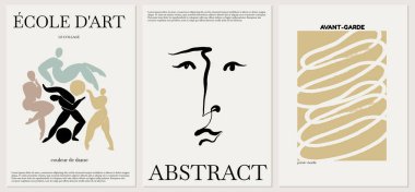 El çizimi minimalist illüstrasyonlu vektör seti. Yaratıcı soyut sanat eserleri. Kart, poster, afiş, tişört, rozet, yama için baskı şablonu.