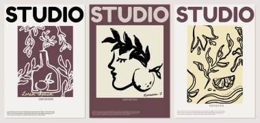 Stüdyo. Vektör eli, resimli minimalist bir pankart çizdi. Yaratıcı sanat eserleri. Kart, poster, afiş, tişört, rozet, yama için baskı şablonu.