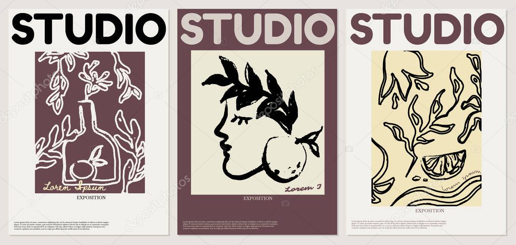 Studio. Vector  hand drawn  minimalistic placard with illustration. Creative artwork . Template for card, poster, banner, print for t-shirt, pin, badge, patch.