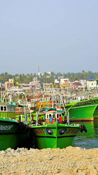 Colachel Tamilnadu India Decembrie 2021 Bărci Nave Andocate Portul Pescuit — Fotografie, imagine de stoc