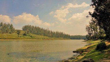 Çam ormanı, Ooty, Tamilnadu, Hindistan 'dan Sandynulla Gölü' nün güzel manzarası. Güney Hindistan 'ın en sevdiği balayı yeri..