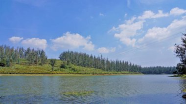 Çam ormanı, Ooty, Tamilnadu, Hindistan 'dan Sandynulla Gölü' nün güzel manzarası. Güney Hindistan 'ın en sevdiği balayı yeri..