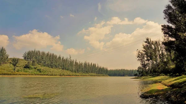 Çam ormanı, Ooty, Tamilnadu, Hindistan 'dan Sandynulla Gölü' nün güzel manzarası. Güney Hindistan 'ın en sevdiği balayı yeri..