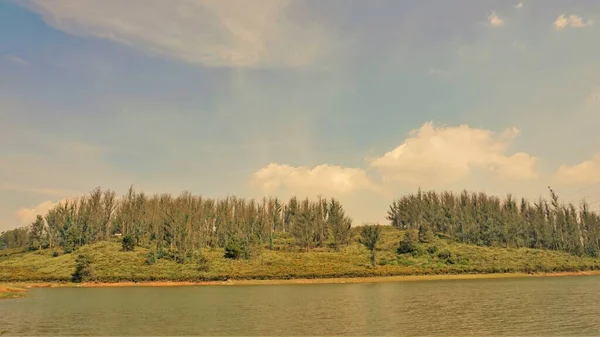 Çam ormanı, Ooty, Tamilnadu, Hindistan 'dan Sandynulla Gölü' nün güzel manzarası. Güney Hindistan 'ın en sevdiği balayı yeri..