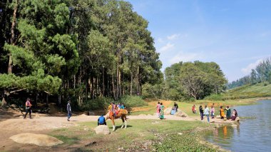 Ooty, Tamilnadu, Hindistan-30 Nisan 2022: Çam ormanı, Ooty, Tamilnadu, Hindistan 'dan Sandynulla Gölü manzarasının tadını çıkaran turistler.