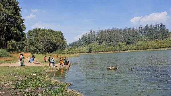 Ooty, Tamilnadu, Hindistan-30 Nisan 2022: Çam ormanı, Ooty, Tamilnadu, Hindistan 'dan Sandynulla Gölü manzarasının tadını çıkaran turistler.