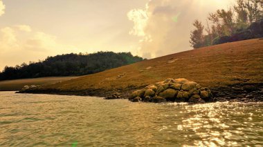 Günbatımında Pykara Gölü, Ooty, Tamilnadu 'nun güzel manzarası. Gökyüzü manzarası, su, gün batımı ve tekne yolculuğundan görülebilen yeşil çalılar. Güney Hindistan 'daki en iyi balayı yeri..