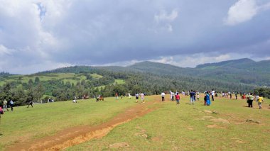 Ooty, Tamilnadu, Hindistan-Haziran 04-22: Wenlock Downs 9. Mil Atış Noktası olarak bilinen yerde güzel yeşil çimlerin keyfini çıkaran turistler.