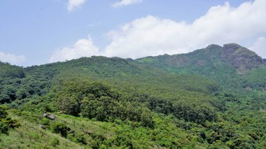 Ooty 'nin güzel manzaraları. Kayaların üzerinde yeşil örtülü dağlar ve açık bulutlu gökyüzü. Aile zamanı ve rahatlama için en iyi yer..