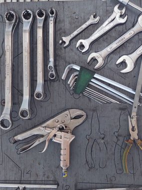 Metalik İş Ekipmanı, Wrench, spanners, pense, Garajdaki Duvarda