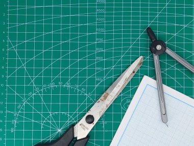 Doğrudan yüksek açılı kağıt, paspas, cetvel, neşter ve makas.