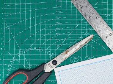 Doğrudan yüksek açılı kağıt, paspas, cetvel, neşter ve makas.