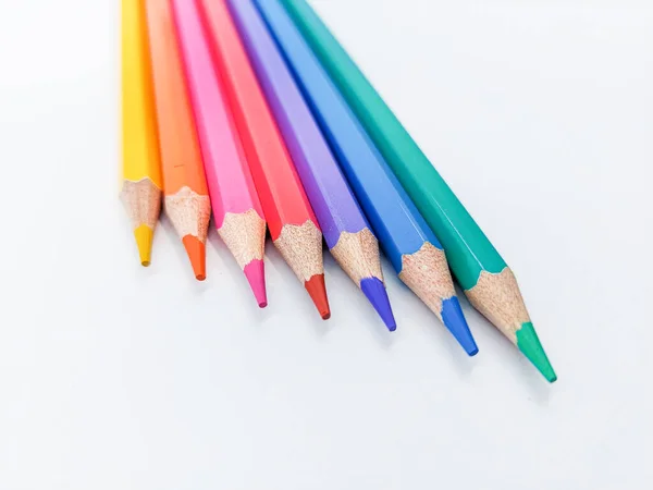 Wooden Color Pencils White Background Diagonal Line Concept Creativity — Φωτογραφία Αρχείου