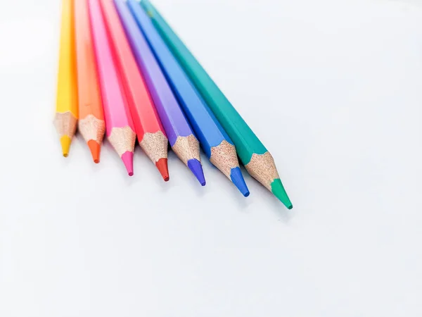 Wooden Color Pencils White Background Diagonal Line Concept Creativity — Φωτογραφία Αρχείου