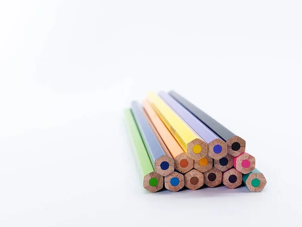 Ends Various Colorful Pencils Stack Shallow Focus White Background — Φωτογραφία Αρχείου