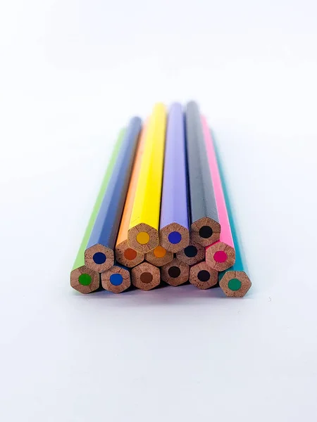 Ends Various Colorful Pencils Stack Shallow Focus White Background — Φωτογραφία Αρχείου