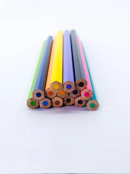 Ends Various Colorful Pencils Stack Shallow Focus White Background — стоковое фото