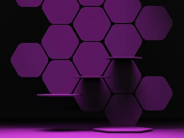 Das Sechseckige Sockelpodest Der Ausstellung Plattform Produktsockel Darstellung Blauviolettes Led — Stockfoto