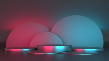 Karanlık arka planda podyum. Mavi Led Neon ışığı. 3 boyutlu resimleme. Boş Üs, yuvarlak kaide, boş alan ile ayakta durun. Akıllı telefon reklamı için teknolojik soyut arka plan, tablet.