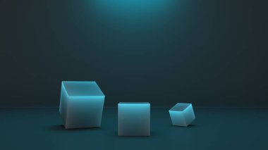 Karanlık arka planda podyum. Mavi Led Neon ışığı. 3 boyutlu resimleme. Boş Üs, Küp Kalıbı, boş alanla ayakta durun. Akıllı telefon, tablet reklamları için teknolojik soyut arkaplan. 