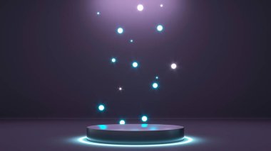Karanlık arka planda podyum. Mavi Led Neon ışığı. 3 boyutlu resimleme. Boş Üs, kaide, boş alanda durun. Akıllı telefon, tablet reklamları için teknolojik soyut arkaplan. 