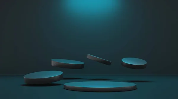 Karanlık arka planda podyum. Mavi Led Neon ışığı. 3 boyutlu resimleme. Boş Üs, kaide, boş alanda durun. Akıllı telefon, tablet reklamları için teknolojik soyut arkaplan.