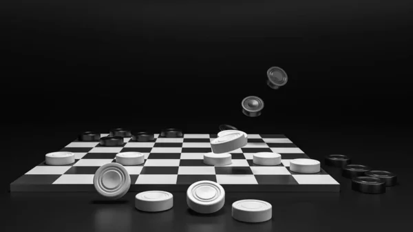 Siyah beyaz dama, yarışma, maç maçı. Çocuk daması kulübünün reklam afişi. 3d resimleme